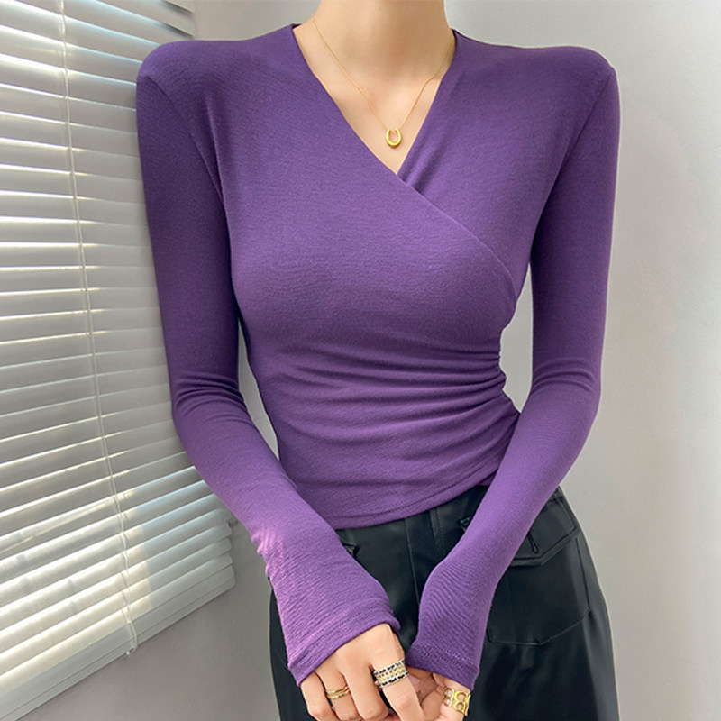 打底衫女修身时髦短款长袖t恤V领黑色长袖针织减龄设计感内搭上衣