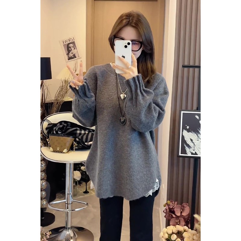 灰色圆领套头软糯灯笼袖毛衣女秋冬加厚宽松慵懒风开叉针织衫上衣