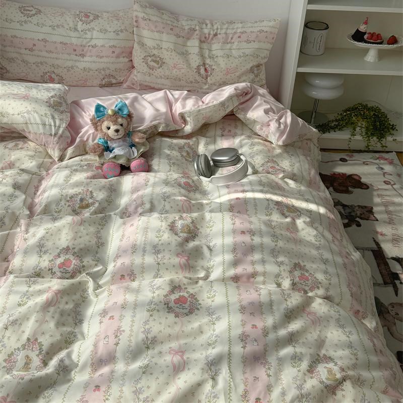 梨梦 花环小f兔 可爱少女四件套全棉床单被套单人宿舍床上用品