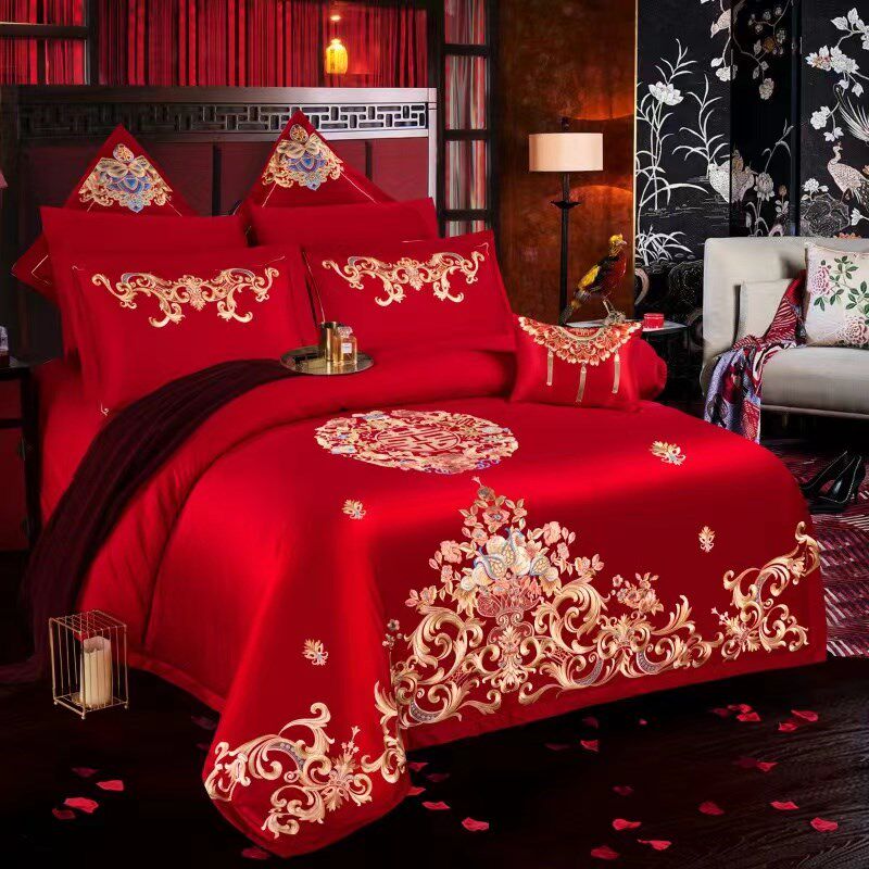 全棉婚庆四件组大红色刺绣结婚床单床上用品N新婚婚房喜被套件龙