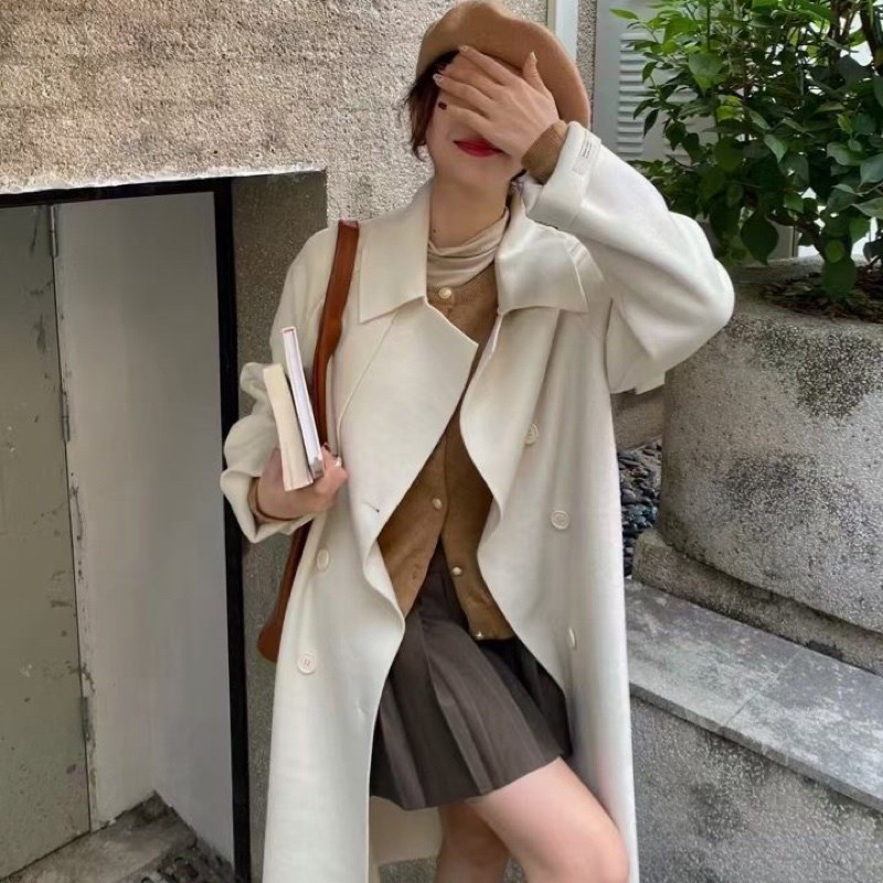 中长款杏色双排扣双面羊绒大衣秋冬新款收腰毛呢外套简单款风衣