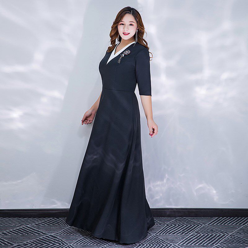 大码胖mm艺考气质高端礼服宴会年会晚宴表演主持黑色长裙平时可穿