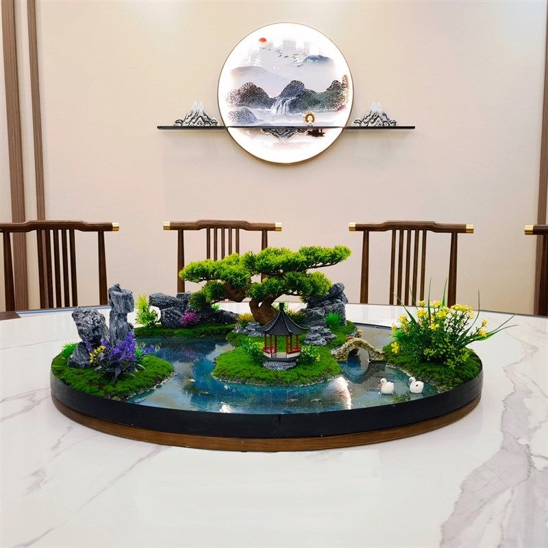 酒店大圆桌装饰摆件新中式餐桌B转盘中间摆花圆形桌花微缩景观