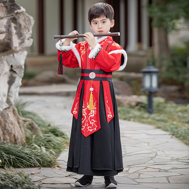 男童拜年服儿童汉服加厚加绒古装表演服男宝过年演出服唐装中国风