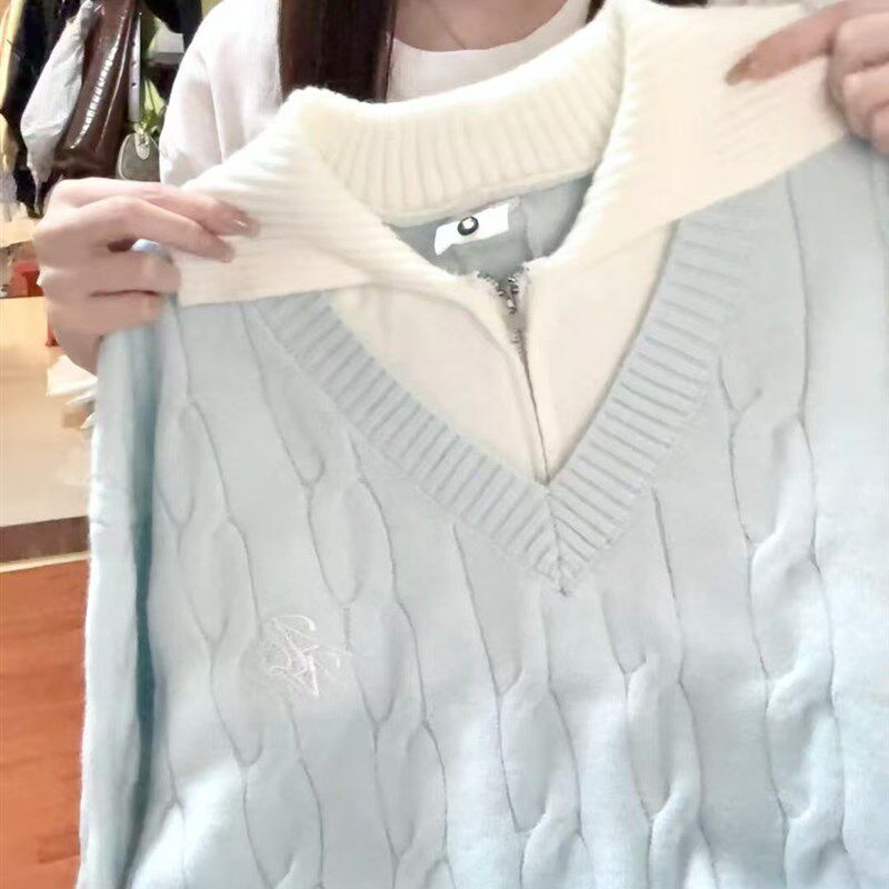 蓝色假两件翻领麻花毛衣女秋冬宽松慵懒风加厚时尚外穿针织衫上衣