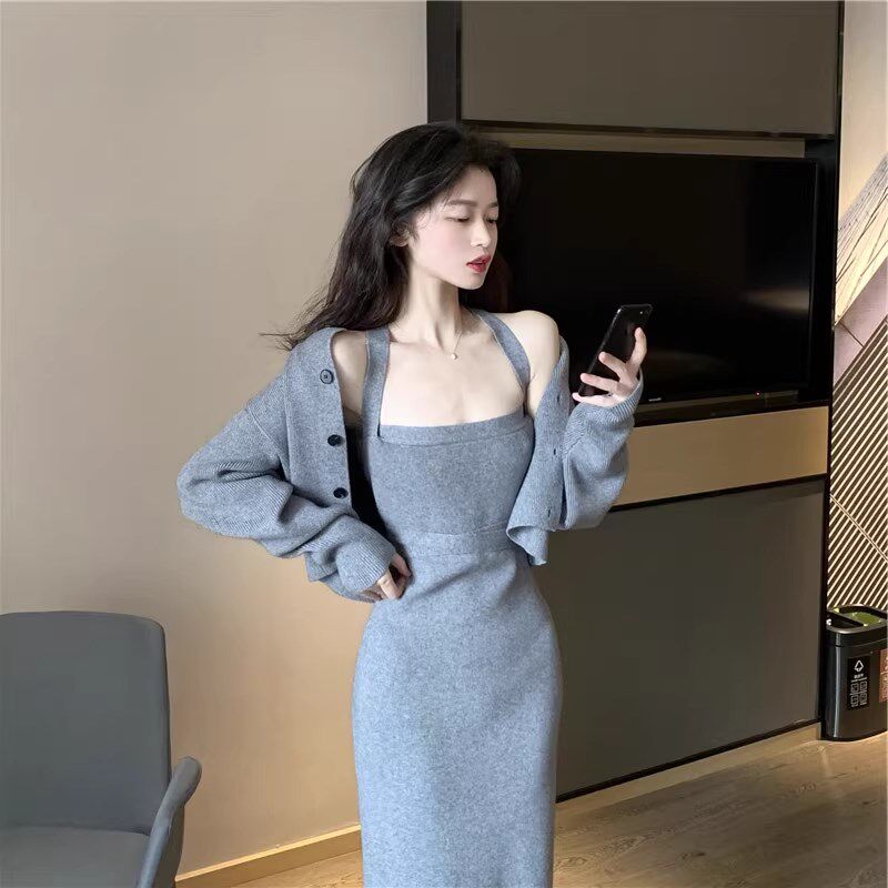 2025春秋新款复古纯欲修身毛衣针织吊带连衣裙两件套配开衫套装女