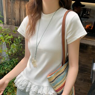 白色蕾丝短袖T恤女2025新款春夏设计感独特打底内搭正肩修身上衣
