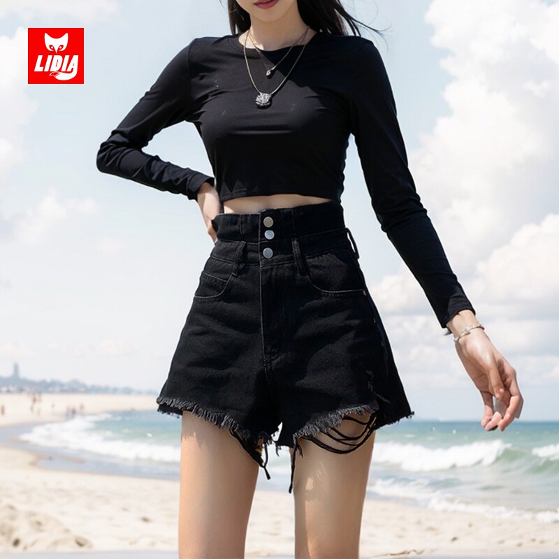 黑色牛仔短裤女款夏季外穿2025新款高腰显瘦排扣a字宽松毛边热裤