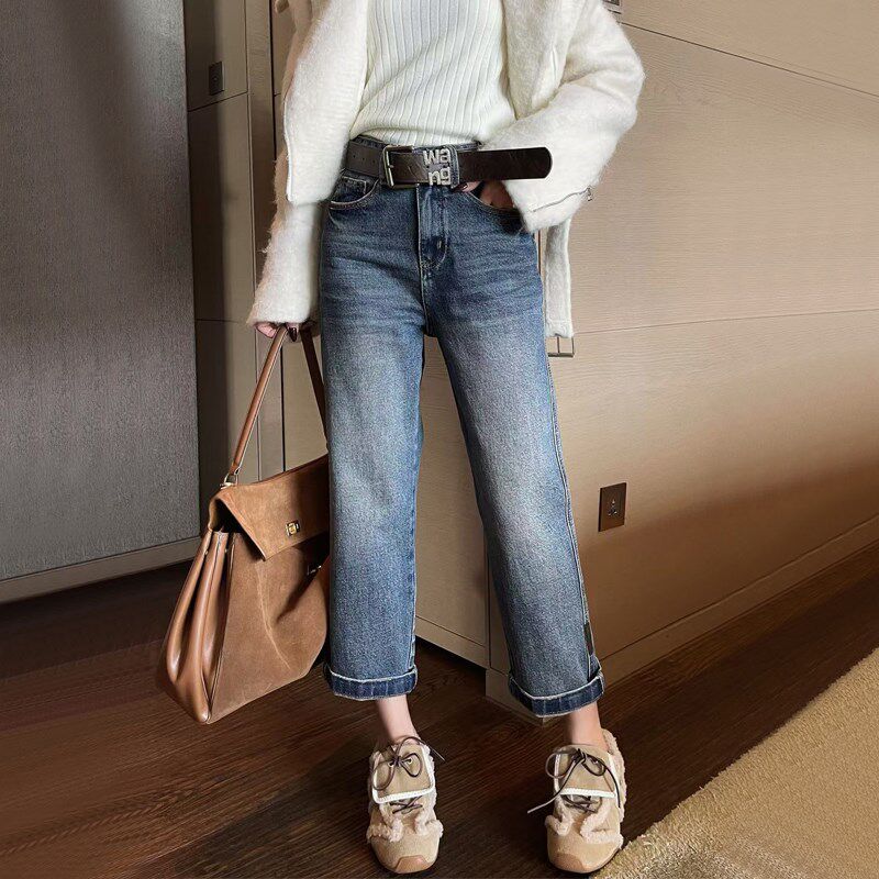 2025早春新款蓝色牛仔直筒裤女高腰显瘦阔腿九分小个子窄版法棍裤