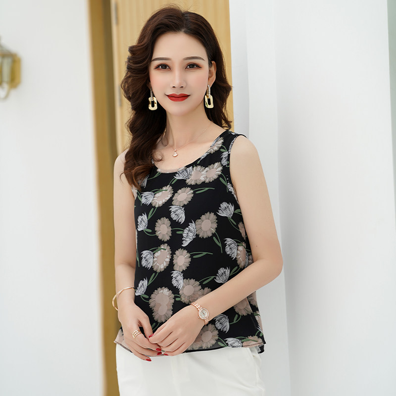 雪纺背心女外穿宽松印花2023年新款夏内搭遮肚子百搭无袖打底上衣