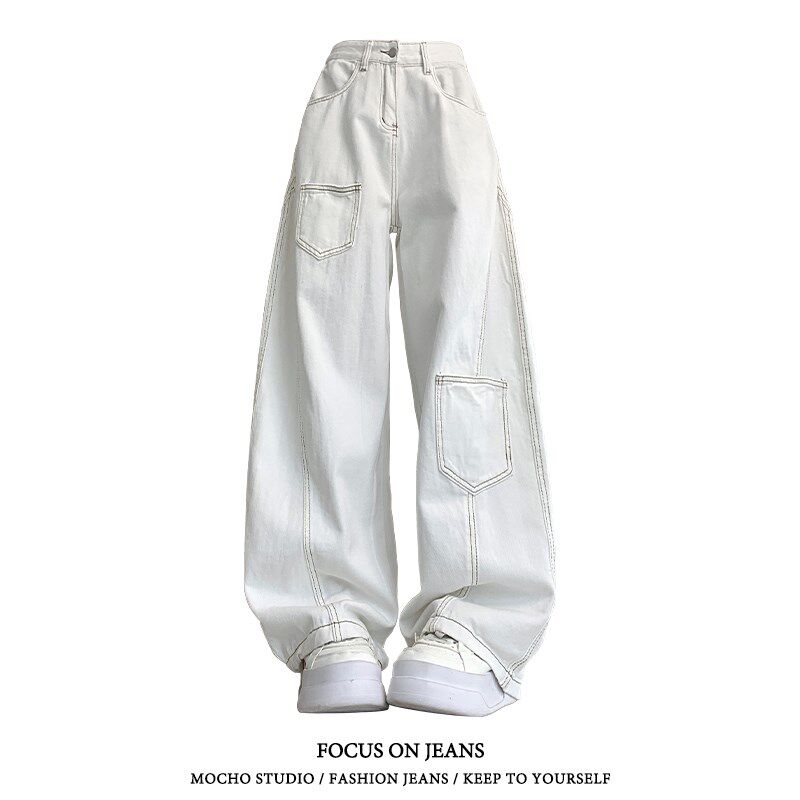 美式复古白色高腰弯刀牛仔裤女夏季高街设计感宽松显瘦垂感阔腿裤