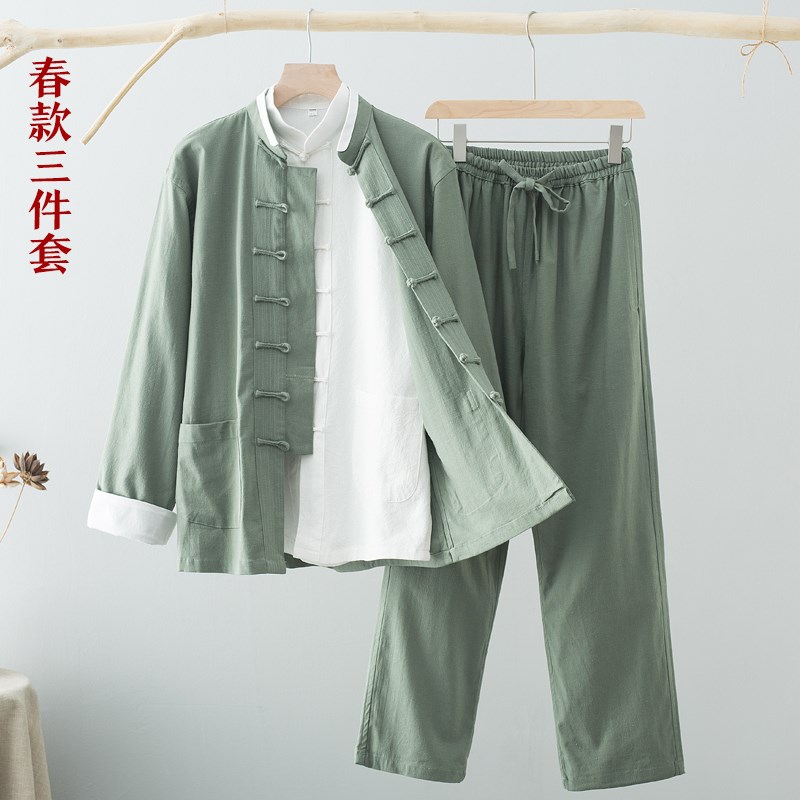 中国风唐装男长袖棉麻套装三件套中式立领复古男装外套古风汉服