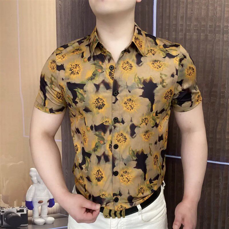 欧货夏季新款男士冰丝印花翻领短袖衬衫时尚修身弹力半袖上衣潮男