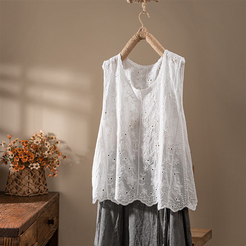 芳尘 纯棉圆领绣花白色吊带背心女文艺外穿遮肉薄款宽松无袖上衣