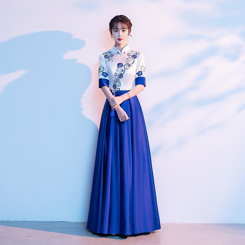 大合唱团白色长款裙复古改良中国风演出服女晚礼服中袖显瘦主持