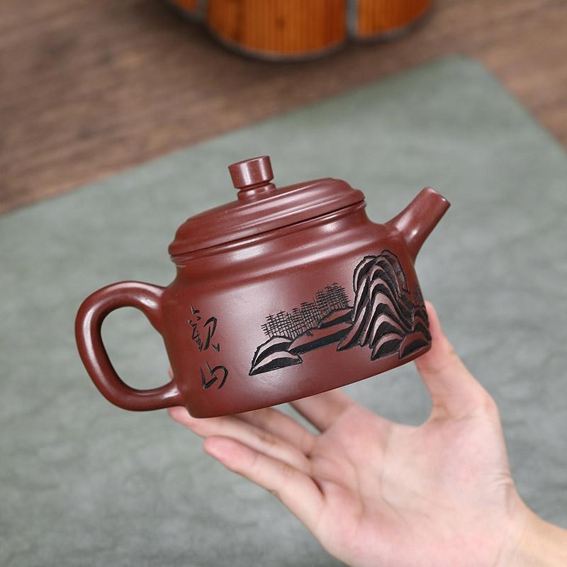 全纯手工紫砂壶正宗宜兴龙血砂刻绘德钟壶家用泡茶壶茶具套装单壶