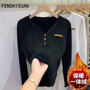 内搭修身 针织打底衫 显瘦上衣 加厚一体绒V领加绒毛衣女爆款 秋冬季