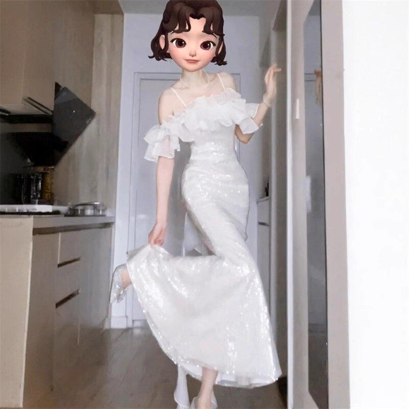 2025新款一字肩宴会新娘鱼尾主持人气质拍照白色抹胸连衣裙领证女