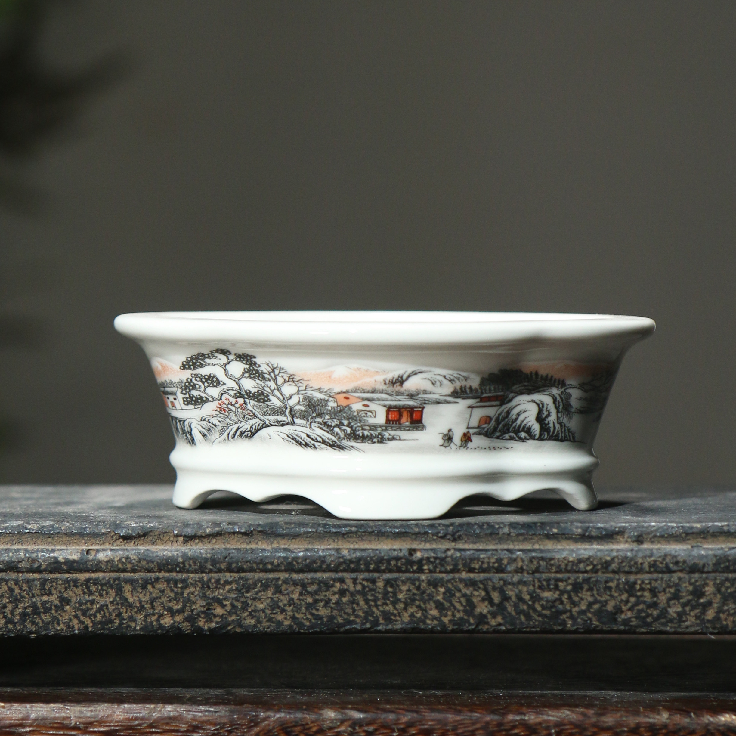 紫砂花盆陶瓷贴花手绘彩绘山水盆景盆小木瓜海棠中国风古典盆栽