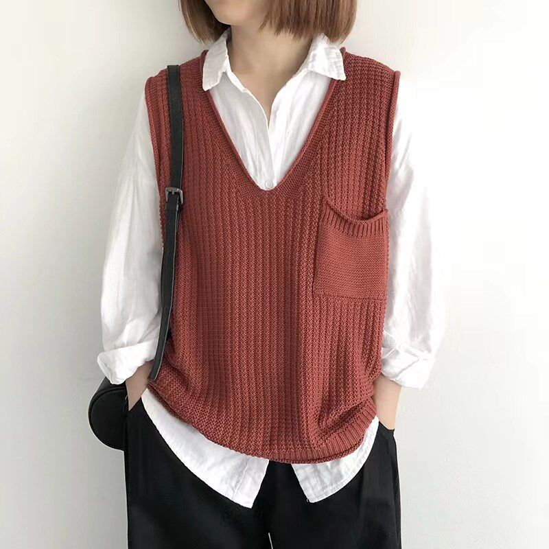 短款套头针织马甲背心春夏宽松大码女装纯色毛衣马夹V领坎肩上衣