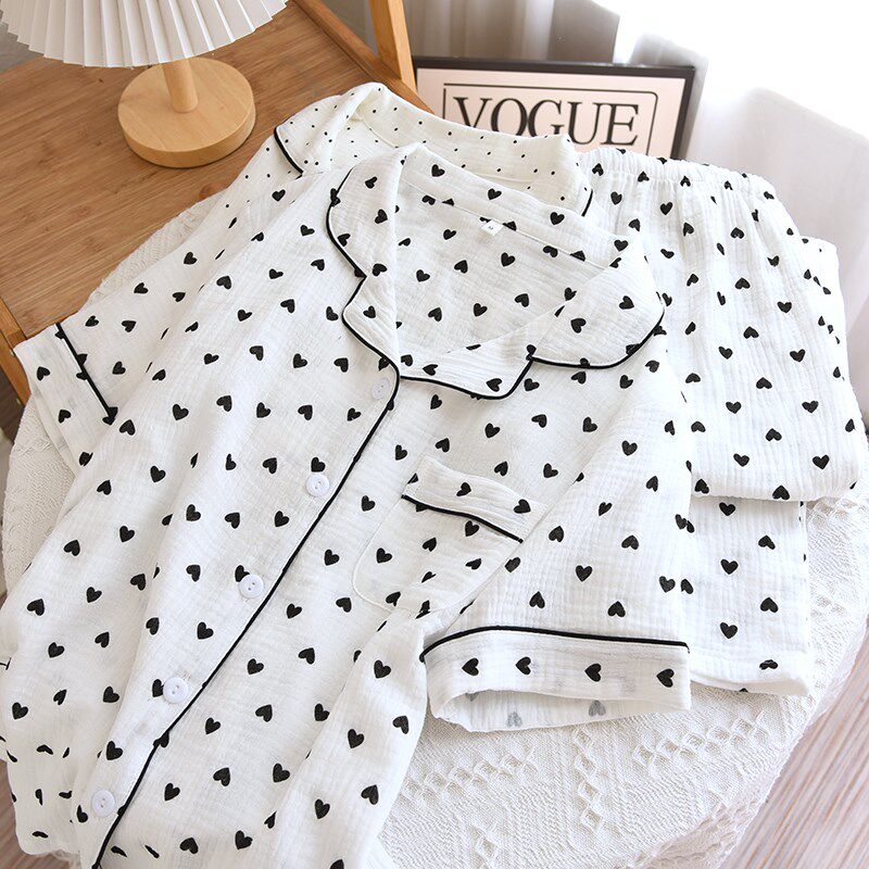 睡衣女夏季套装纯棉纱布短袖长裤2025新款薄白色大码小个子家居服