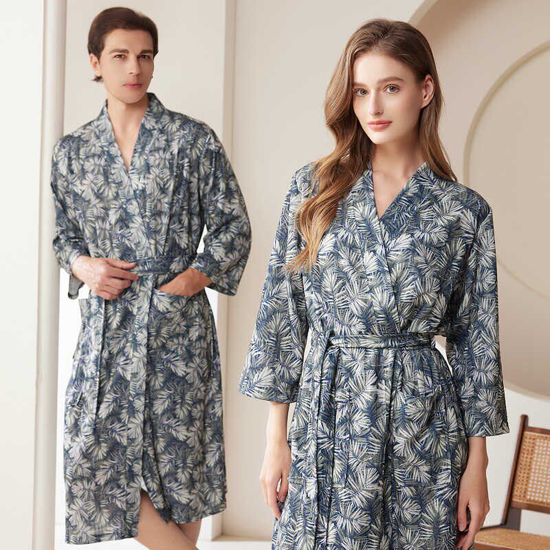 2024新款冰丝浴袍女夏季睡袍睡衣夏天可穿式薄款棕榈叶印花连衣裙