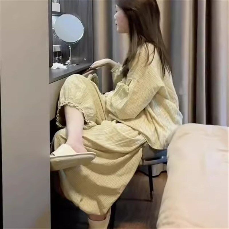 韩系简约睡衣女春秋款宽松慵懒风蕾丝边长袖长裤大码家居服套装夏