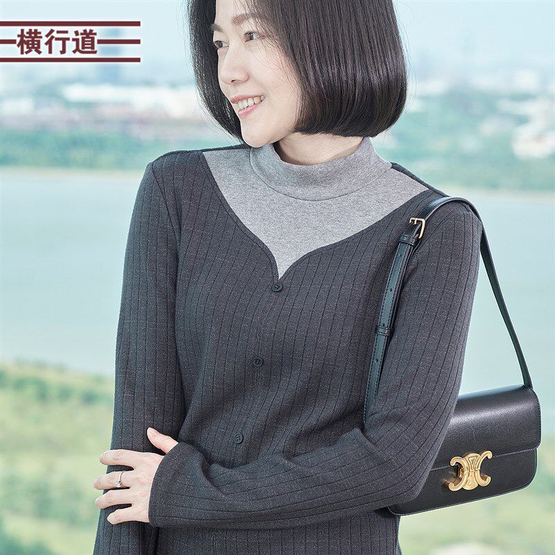 拼色假两件半高领打底衫撞色内搭上衣T恤春装小衫2025新款女装