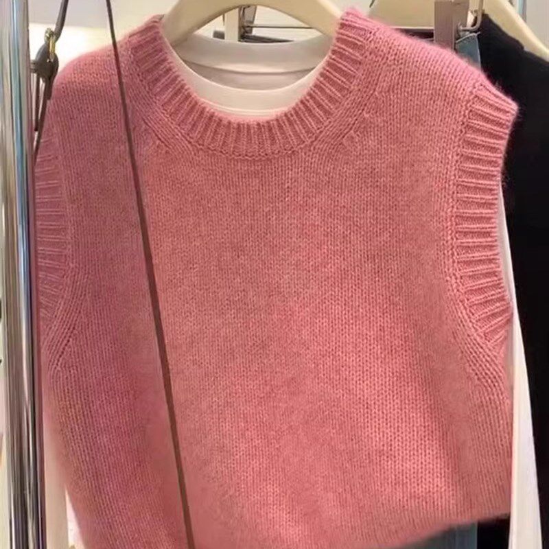 宽松短款粉色圆领羊绒马甲女针织春秋冬叠穿无袖大码毛衣背心坎肩
