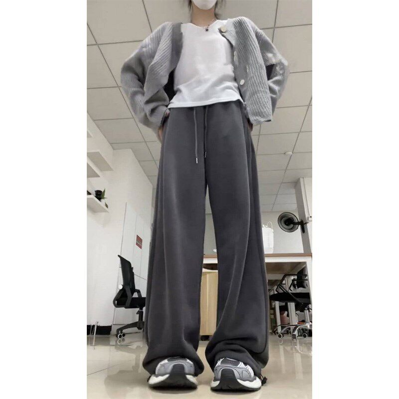 大码胖妹妹美式灰色运动裤女秋季休闲显瘦直筒束脚卫裤宽松阔腿裤