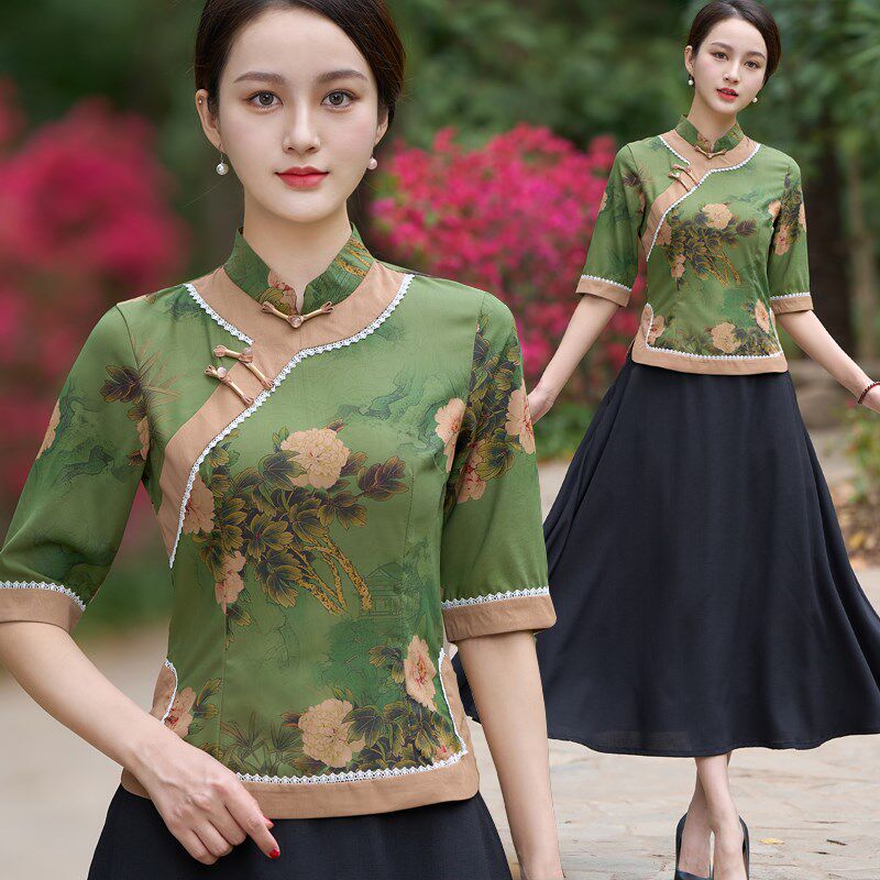 中老年妈妈旗袍两件套上衣女仿香云纱夏新款高端洋气复古提花时尚