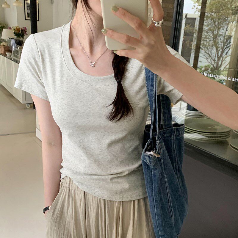 夏装新款正肩短款锁骨T恤女修身纯色美式短袖上衣U领显瘦百搭洋气