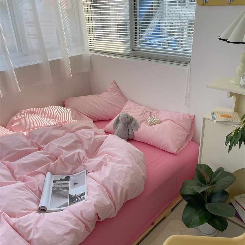 梨梦 云朵有点甜 少女粉水洗棉四件套全棉床单被.套床上用品