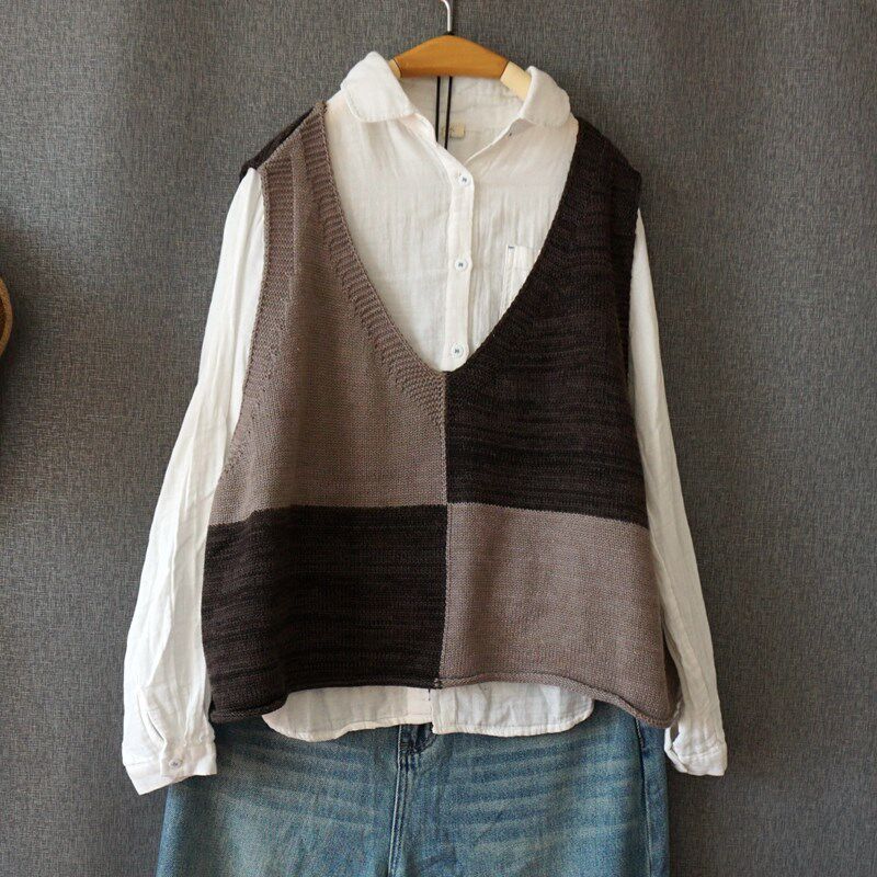 大码拼色针织吊带背心女秋冬新款外搭胖mm宽松慵懒无袖风毛衣马甲