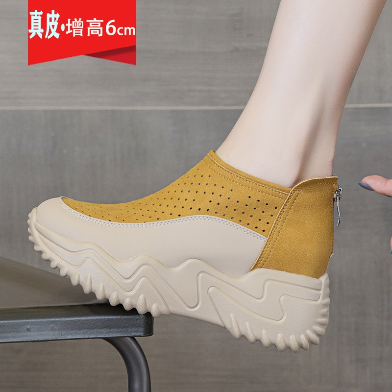 真皮内增高老爹凉鞋女2025新款春夏季镂空洞洞休闲运动鞋坡跟单鞋