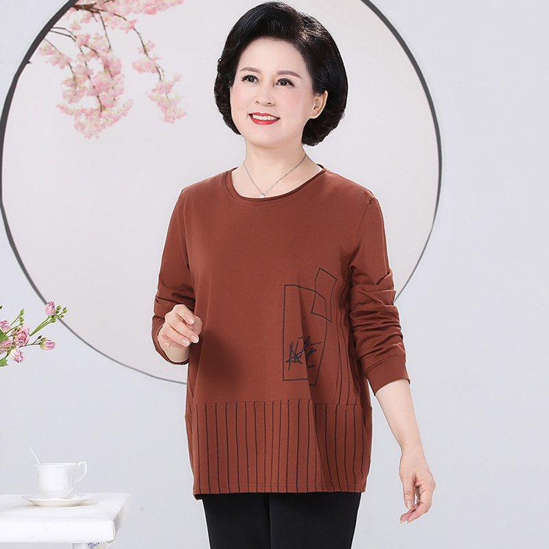 加大码长袖t恤女上衣2020春装新款体恤宽松中老年妈妈纯棉打底衫