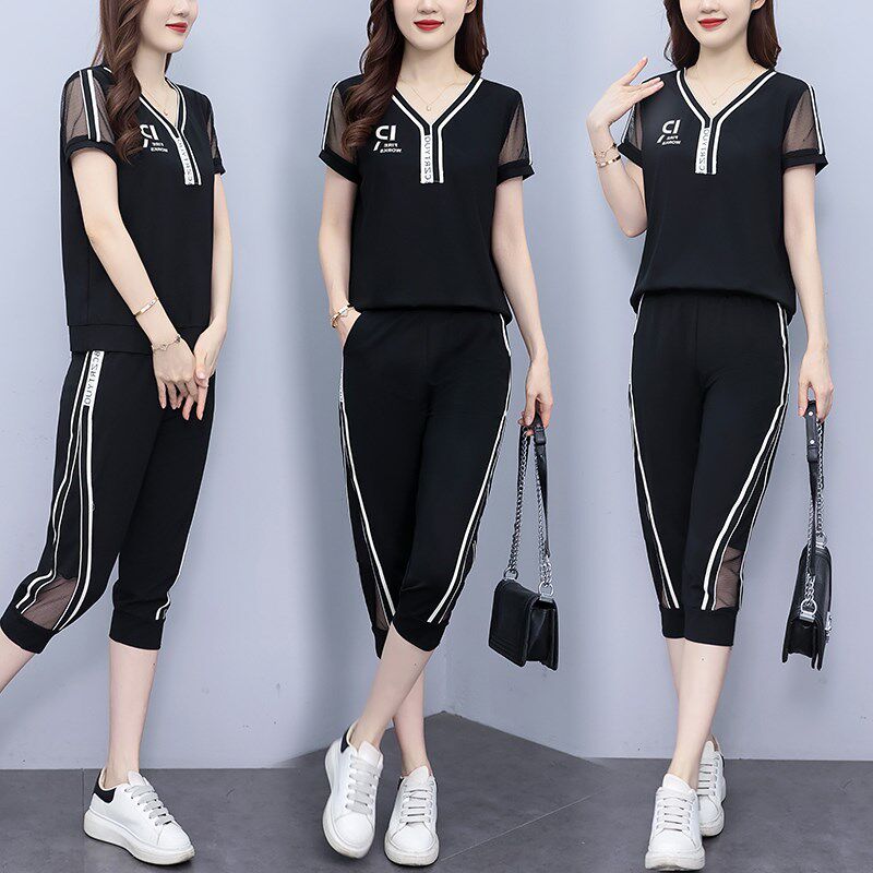夏胖MM短袖大码女装洋气时尚减龄显瘦v领上衣七分裤休闲运动套装