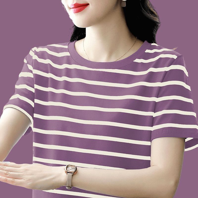 妈妈款洋气夏装短袖女士纯棉t恤气质减龄百搭半袖中老年休闲上衣