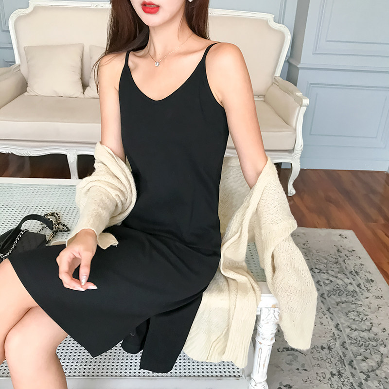 V领中长款吊带背心裙内搭修身打底衫裙黑色针织棉过膝连衣裙女春