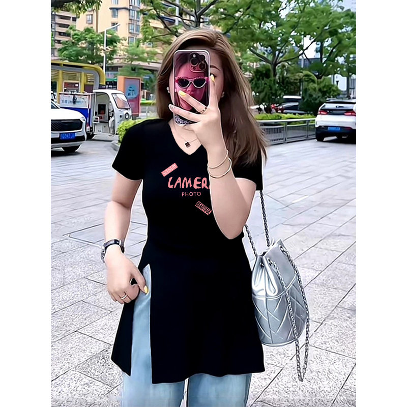 正肩中长款开叉低领短袖t恤女夏季2025新款设计感小众黑色V领上衣