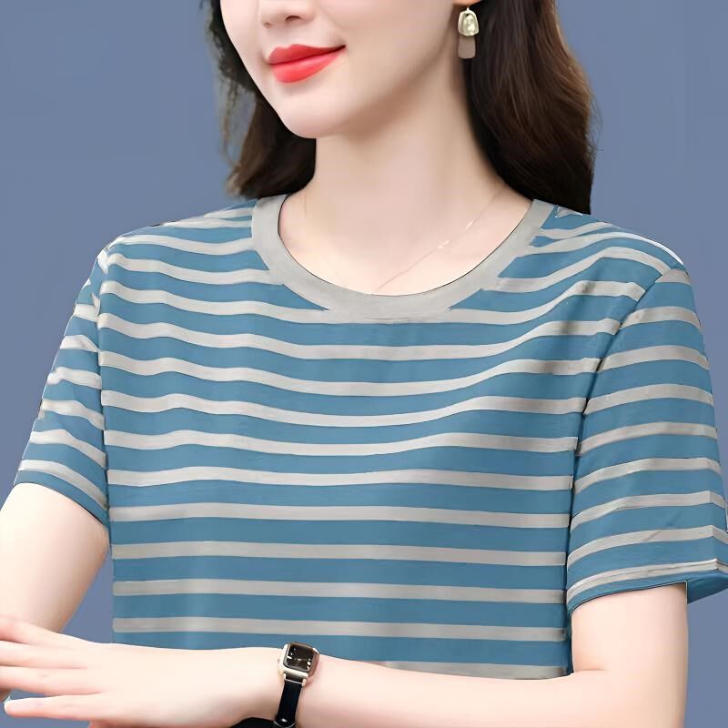 夏装条纹短袖t恤纯棉女士上衣2025新款大码宽松显瘦正肩圆领半袖