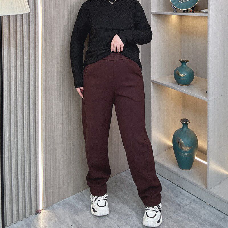 大码女装冬季加绒厚休闲阔腿裤女胖mm宽松显瘦高腰窄版直筒长裤子