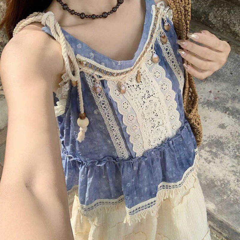 大理洱海度假风小吊带背心女夏日新款民族风拼接蕾丝上衣流苏长裙