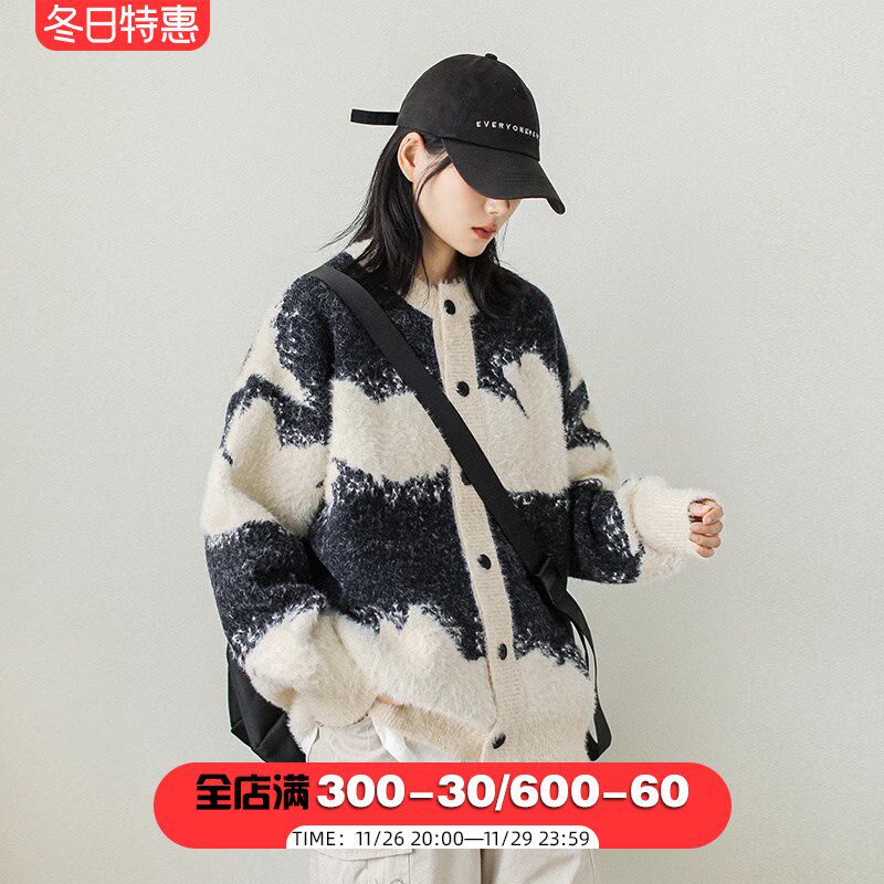 秋冬加厚复古慵懒风宽松扎染圆领打底外穿套头毛衣开衫上衣女潮