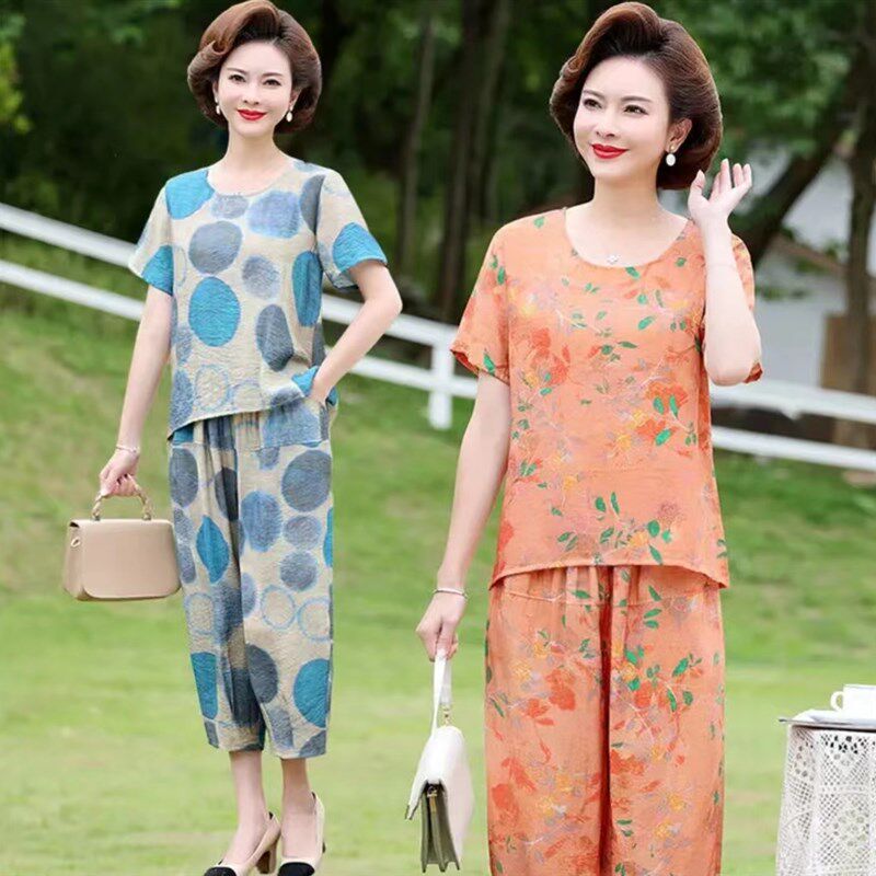 妈妈夏装洋气减龄大码套装上衣女短袖T恤小衫中老年人棉麻两件套