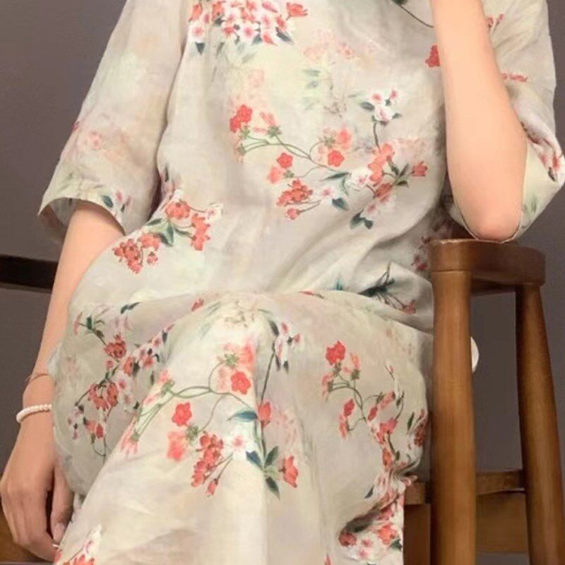洋气减龄200斤夏胖mm棉麻大码女装旗袍改良小立领复古旗袍连衣裙