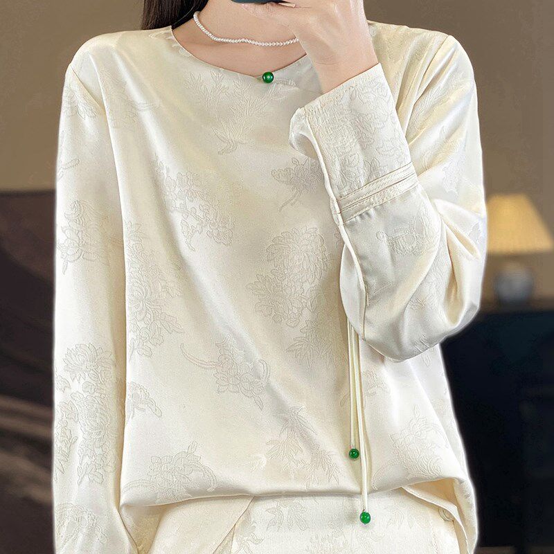 新中式上衣女斜门襟t恤宽松套头醋酸缎面提花国风长袖圆领衬衣韩