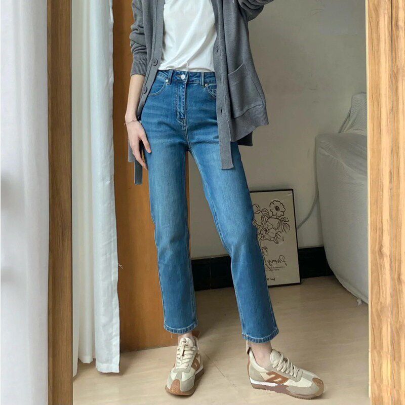 九分直筒牛仔裤女高腰秋冬宽松弹力显瘦小个子复古蓝八分烟管裤子