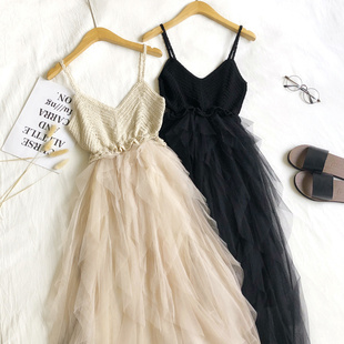 百搭吊带网纱针织拼接蓬蓬蛋糕裙中长款 新款 连衣裙女 韩版 2020夏季