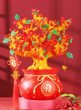 2024新款新年k春节喜庆手工发财树摇钱树客厅酒柜装饰品工艺品摆